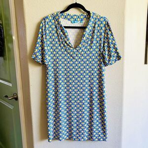 Tori Richard Honolulu Hawaiian Stretch Dress Pineapple Resort Print Blue Large